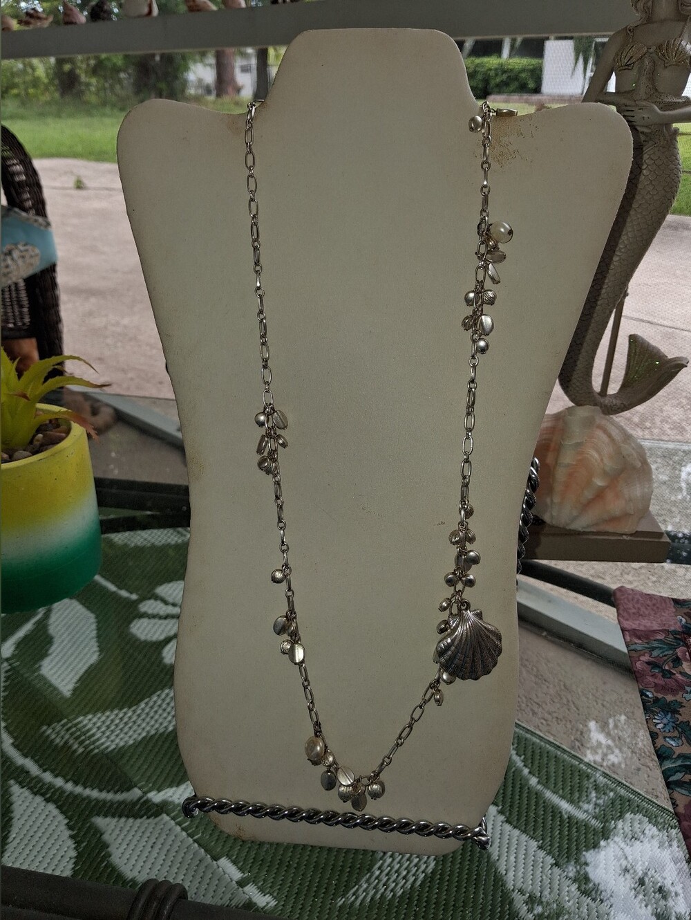 Silver Seashell Pendant Bead Station Necklace - Women Jewelry